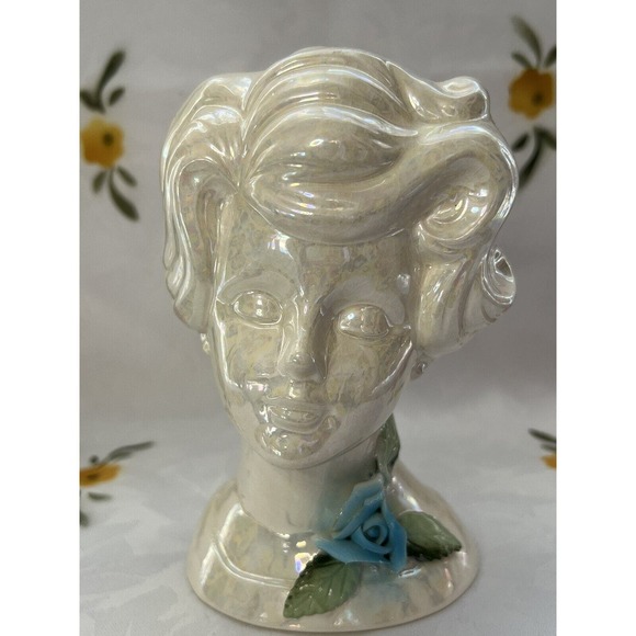 Vintage Norcrest Lustreware Lady Head Vase, BR-17, Blue Flower - Picture 3 of 11